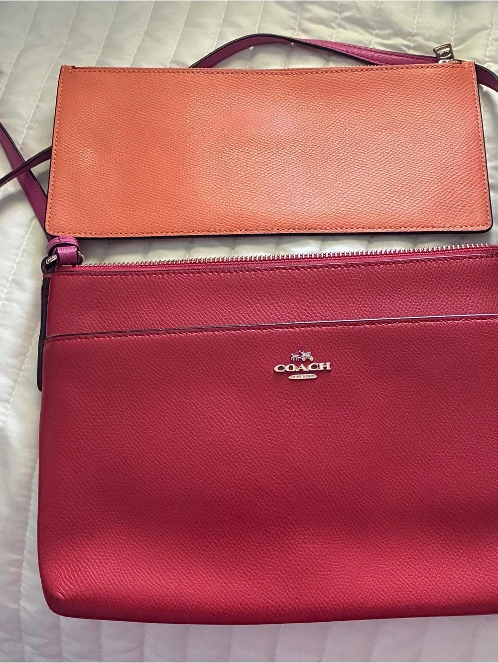 Coach Red and Orange Leather Crossbody with Pink strap.
